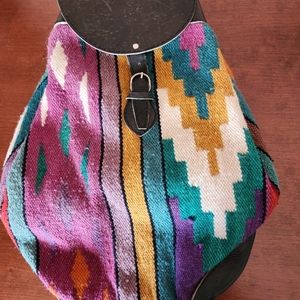 Multicolored Wool and Black Leather Backpack style bag